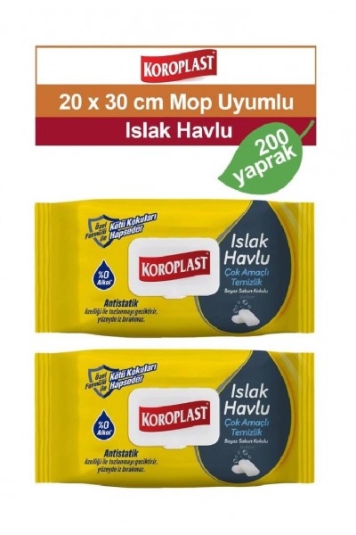 KOROPLAST ISLAK TEMİZLİK HAVLUSU BEYAZ SABUN KOKULU 100LÜ (2'Lİ PAKET)