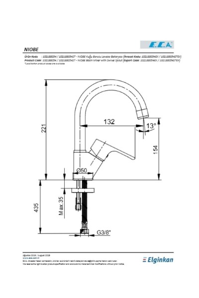 ECA NIOBE LAVABO BATARYASI KUĞU BORULU GECBT3709