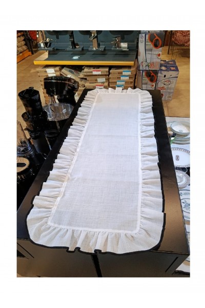 BEYAZ  Siyah Detaylı Fırfırlı Runner 40*120 cm