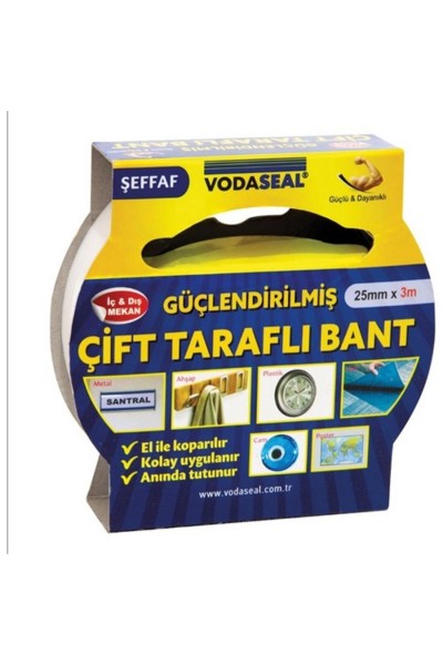 VODASEAL GÜÇLENDİRİLMİŞ ÇİFT TARAFLI BANT ŞEFFAF 25 MM 3 METRE  NM 78 0567