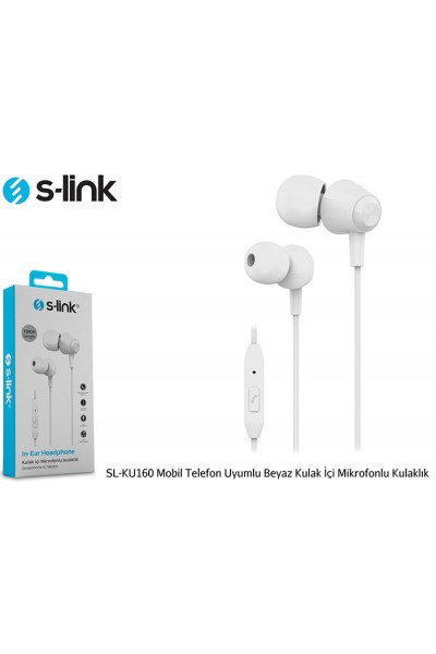 KRN057218 سماعة أذن S-link SL-KU160 متوافقة مع الهاتف المحمول باللون الأبيض مع ميكروفون