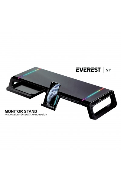 KRN057518 Everest ST1 4 USB Hub RGB مضاءة قابلة للطي ارتفاع قابل للتعديل حامل شاشة أسود