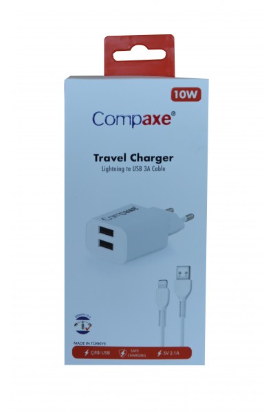 KRN057689 Compaxe CTA-521DIU 5v 2.1A 10W 2USB 1mt Usb 3.0 رأس شحن منزلي + كابل شحن لايتنينج