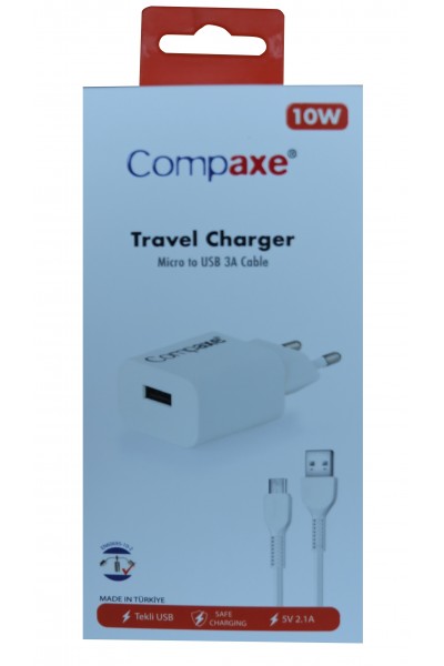 KRN057700 شاحن منزلي Compaxe CTA-521MU 5v 2.1a 10W 1Mt Usb 3.0 + كابل شحن صغير