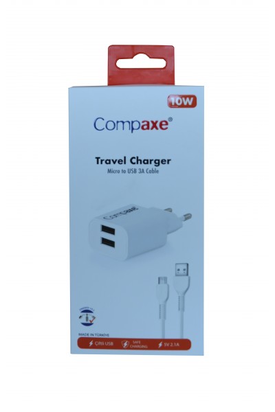 KRN057701 شاحن منزلي Compaxe CTA-521DMU 5v 2.1a 10W 2USB 1Mt Usb 3.0 + كابل شحن صغير