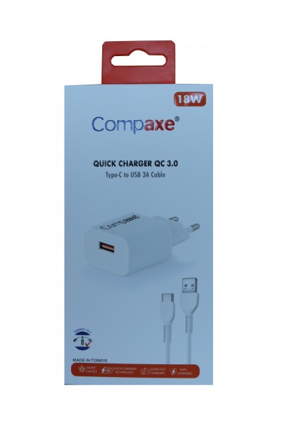 KRN057703 رأس شحن منزلي Compaxe CTA-150UT 5V 3a 18W 1mt + كابل شحن من النوع C