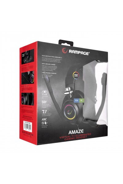 KRN057892 سماعة الألعاب Rampage RM-K20 AMAZE باللون الأسود USB 7.1 بخاصية إلغاء الضوضاء وميكروفون RGB LED مع ميكروفون