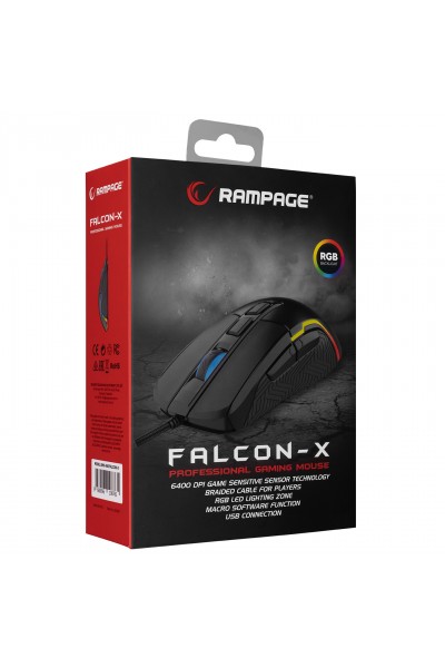 KRN057926 ماوس ألعاب Rampage SMX-R68 FALCON-X USB أسود 800-6400 نقطة لكل بوصة RGB LED