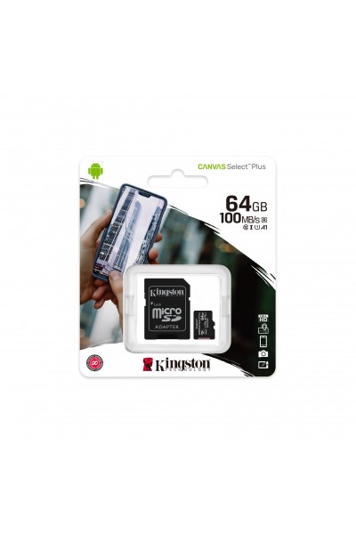 KRN018260 بطاقة Kingston SDCS2-64GB 64GB micSDXC Canvas Select Plus 100R A1 C10 + بطاقة ذاكرة ADP