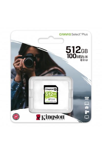 KRN018310 بطاقة ذاكرة Kingston SDS2-512GB 512GB SDXC Canvas Select Plus 100R C10 UHS-I U3 V30