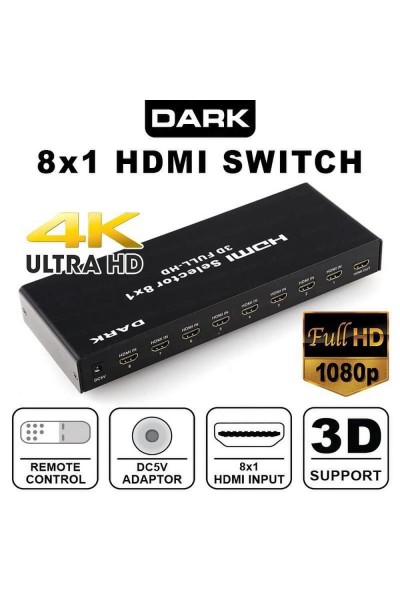 KRN021489 Dark DK-HD-SW8X1 Full HD 8 مدخل 1 مخرج HDMI للتحكم عن بعد (محدد)