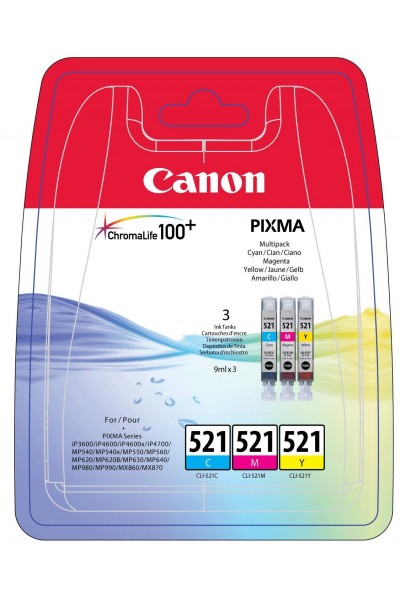 KRN022612 Canon CLI-521 سماوي-أرجواني-أصفر سماوي-أحمر-أصفر 3 عبوات خرطوشة حبر متعددة العبوات