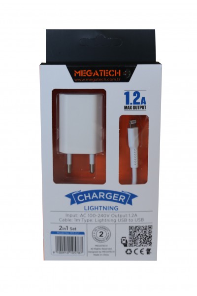 KRN023160 Megatech MT-Cl1 رأس شحن USB منزلي 1.2 بوصة + كابل iPhone