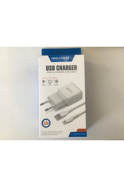 KRN023168 كابل Megatech CC-03 1.2A Lightning USB + محول شاحن منزلي