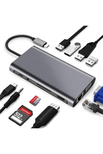 KRN024175 دايتونا FC31 11IN1 Type-C Usb-c إلى 4-Usb3.0 4K HDMI VGA 1000 ميجابت في الثانية RJ45 Pd Aux SD TF محول البطاقة