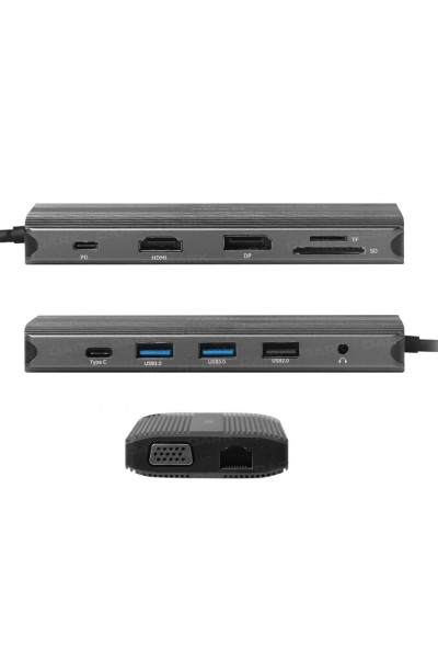 KRN024183 Dark DK-AC-U31X44 USB 3.1 Gen1 Type C 12in1 Ether-USB-C&USB-C PD-2xHDMI-VGA-TF SD -3xUSB 3.0- Hub