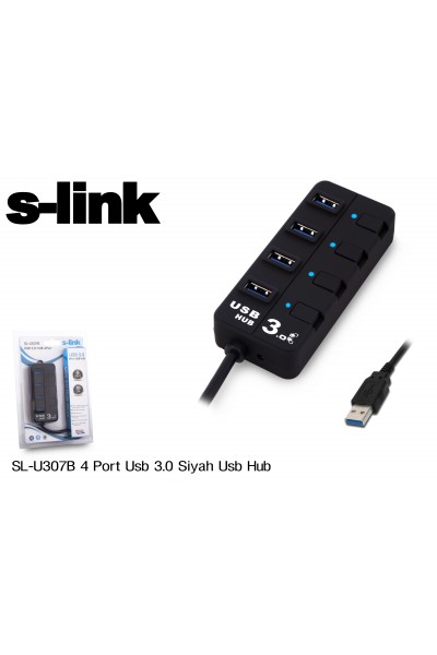 KRN024305 S-link SL-U307B أسود 4 منافذ 3.0 USB معدد إرسال