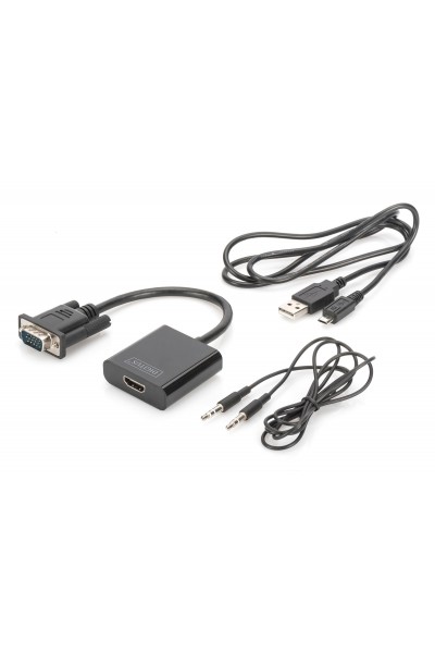 KRN024377 Digitus DA-70473 محول VGA إلى HDMI + صوت (3.5 ملم)، دقة عالية كاملة (1080 بكسل)، سلكي، 15 سم، لون أسود