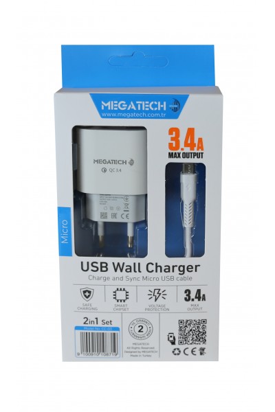 KRN025800 Megatech CC-03 كابل Micro USB 3.4A + محول شحن منزلي شحن سريع