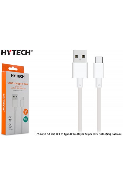 KRN025842 Hytech HY-X480 5A USB 3.1 إلى Type-C 1m أبيض فائق السرعة بيانات + كابل شحن