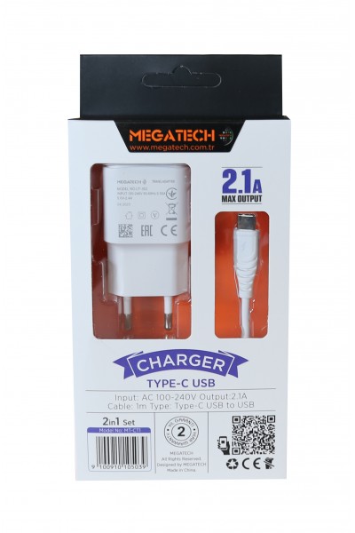 KRN026000 Megatech MT-CT1 2.1a 2ın1 Typc-e شاحن منزلي + كابل Type-c