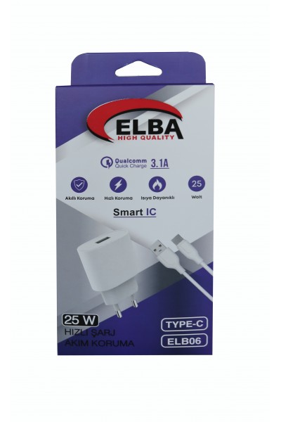 KRN026337 Elba ELB06-USB-25WTypc White Usb 25W Charging Head + 1Mt Usb Type-c Cable QC4.0 (الحماية الحالية - الشحن السريع)