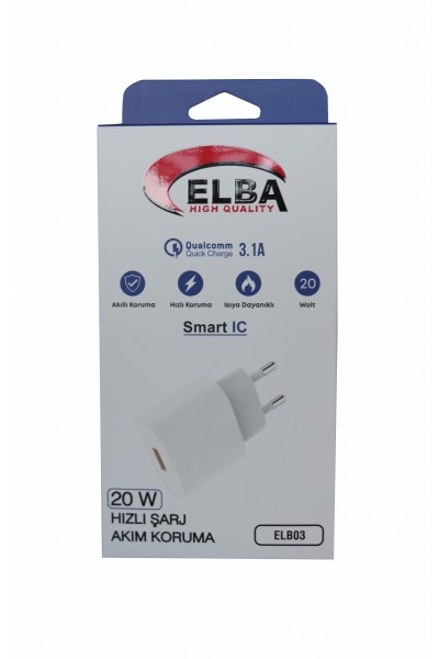 KRN026342 Elba ELB03-20USB رأس شحن USB أبيض 20 وات QC4.0 (حماية ذكية-شحن سريع-مقاوم للحرارة)