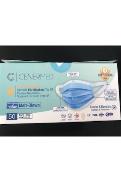 KRN026461 Cenermed Blue 4 طبقات ناعمة ومرنة مزدوجة الطبقة منفوخة بالذوبان 50 قطعة في صندوق