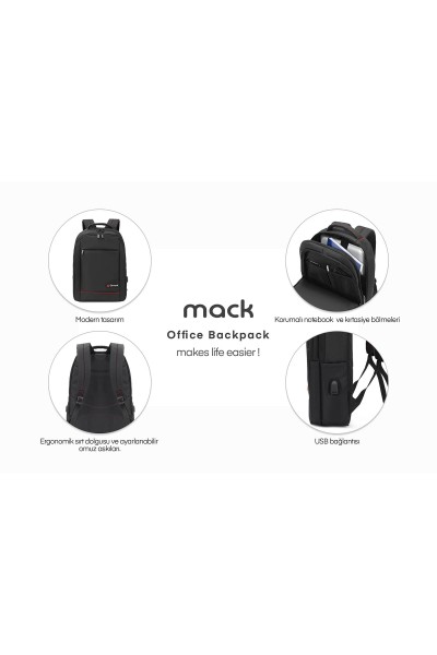 KRN027792 Mack MCC-007 حقيبة ظهر للمكتب مقاس 17.3 بوصة مع منفذ USB أسود