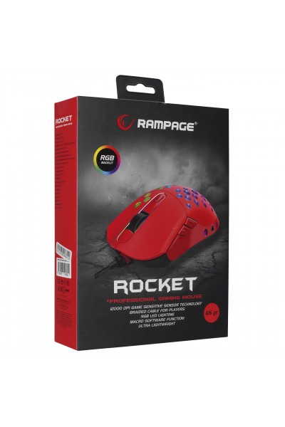 ماوس ألعاب KRN030275 Rampage SMX-R66 ROCKET Ultra Light Red RGB LED 12000dpi