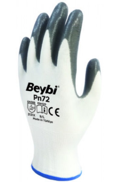 KRN031536 Beybi Nitrile Poly PN72 مقاس 10 قفازات رمادية بيضاء 12 قطعة