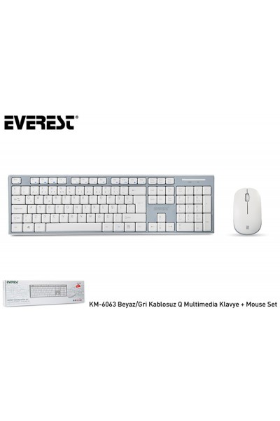 KRN032231 Everest KM-6063 لوحة مفاتيح Q لاسلكية للوسائط المتعددة باللون الأبيض والرمادي + مجموعة ماوس