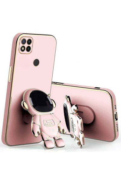 Xiaomi - Redmi 9C Zebana Standlı Astronot Silikon Kılıf - Rose Gold