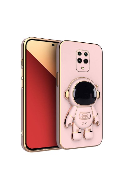 Xiaomi - Redmi Note 9 Pro Max Zebana Standlı Astronot Silikon Kılıf - Rose Gold