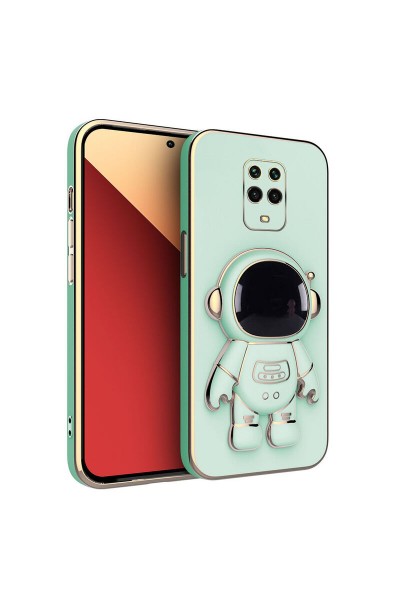 Xiaomi - Redmi Note 9 Pro Max Zebana Standlı Astronot Silikon Kılıf - Açık Yeşil