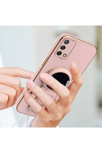 Oppo - A74  Zebana Standlı Astronot Silikon Kılıf - Rose Gold