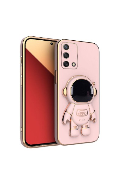 Oppo - A74  Zebana Standlı Astronot Silikon Kılıf - Rose Gold