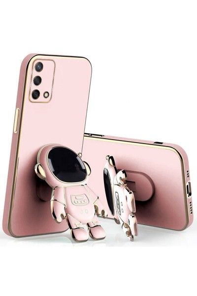 Oppo - A74  Zebana Standlı Astronot Silikon Kılıf - Rose Gold