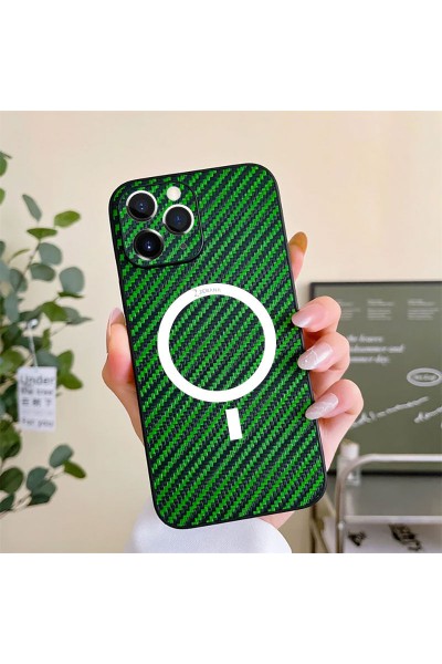 Apple - iPhone 11 Pro Max Zebana Karbon Fiber Magsafe Silikon Kılıf (Kablosuz Şarj Destekli) - Yeşil