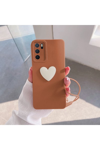 Oppo - A16 Zebana Kalpli Love Silikon Kılıf - Kahverengi