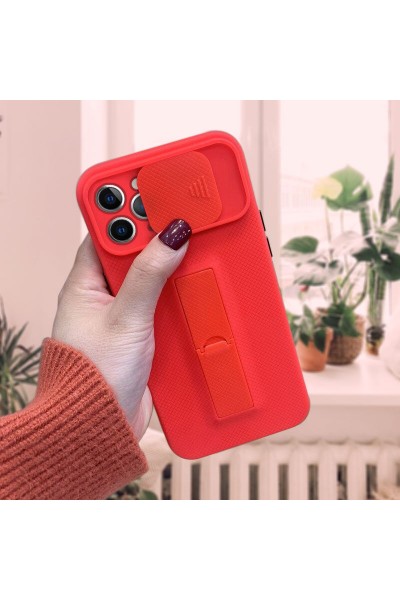 Apple - iPhone 11 Pro Max Kamera Korumalı Standlı Silikon Kılıf - Kırmızı