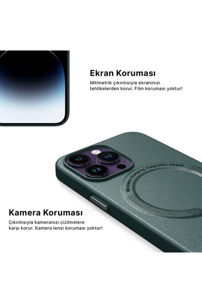 Apple - iPhone 14 Pro Zebana Kablosuz Şarj Destekli Özellikli Lansman Deri Kılıf - Açık Yeşil