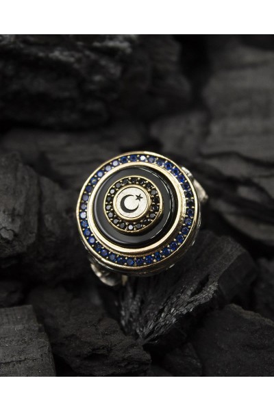 KRN058365 خاتم فضة 925 حجر أونيكس وزركون مع العلم التركي