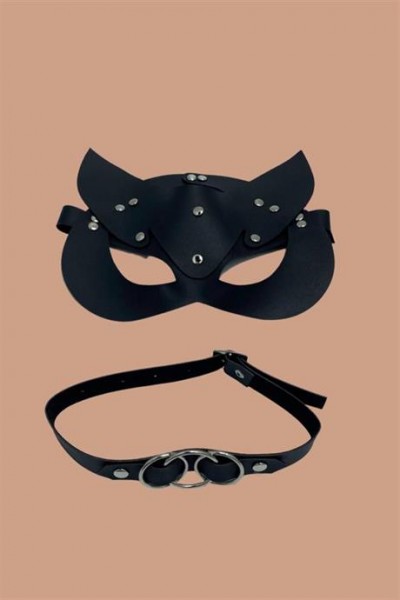 قناع Markano Black Harness Sexi وإكسسوار جلدي أسود للرقبة