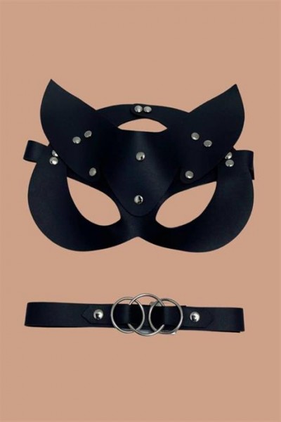 قناع Markano Black Harness Sexi وإكسسوار جلدي أسود للرقبة