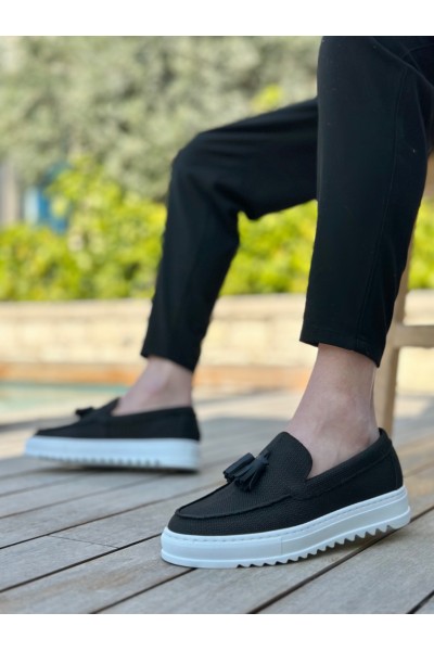 BA0154  Bağcıksız Yüksek Taban Keten Siyah Renk Püsküllü Erkek Ayakkabı