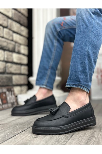 BA0154  Bağcıksız Yüksek Taban Cilt Siyah Renk Püsküllü Erkek Ayakkabı