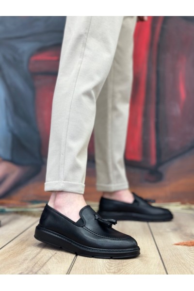 BA0005 Bağcıksız Yüksek Taban Mat Siyah Klasik Püsküllü Corcik Erkek Ayakkabı