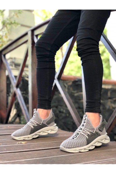 BA0350 Yüksek Taban Tarz Sneakers Cırt Detaylı Gri Erkek Spor Ayakkabısı