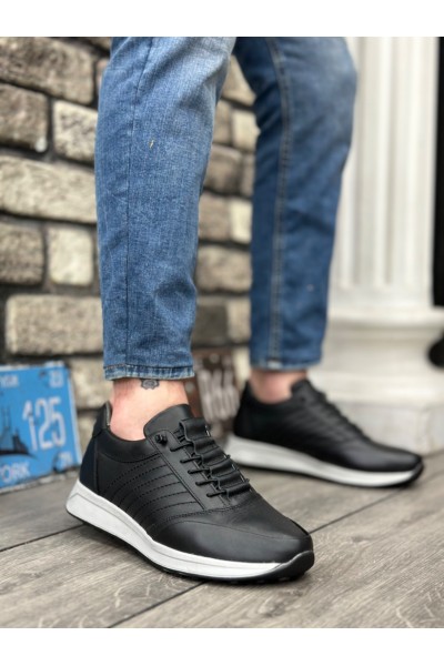 BA0325 İçi Dışı Hakiki Deri Gizli Bağcık Rahat Taban Siyah Sneakers Casual Erkek Ayakkabı